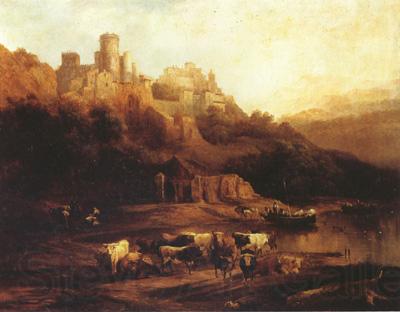 Jenaro Perez Villaamil Herd of Cattle Resting on a Riverbank in Front of a Castle (mk22)